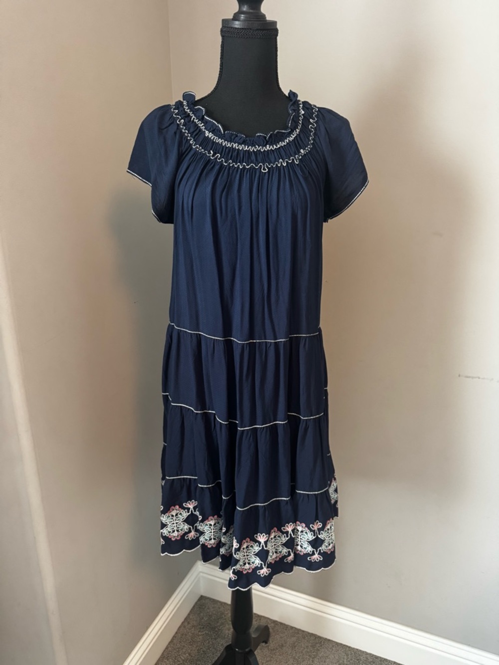 Max Studio Navy Smocked Top with Contrast Stitching